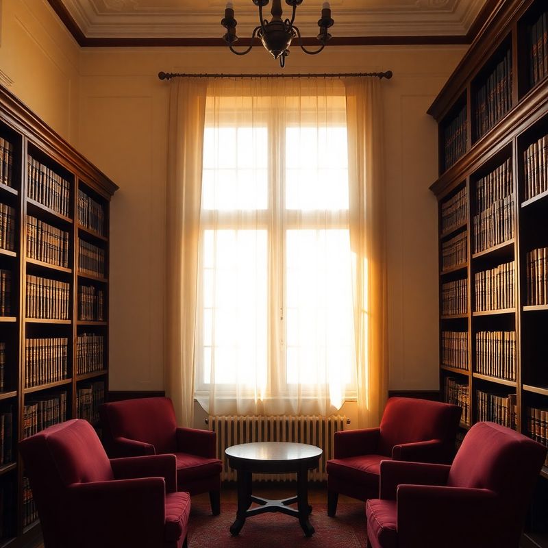 Interior de birou cu pereți crem, fotolii burgund și rafturi din lemn masiv