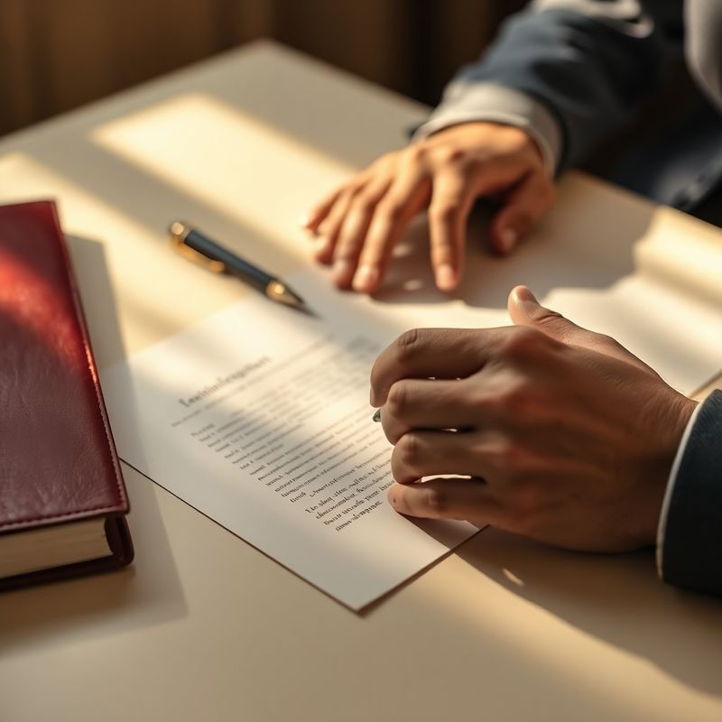 Mâini revizuind un document juridic pe un birou crem, cu stilou antic și mapă din piele burgund