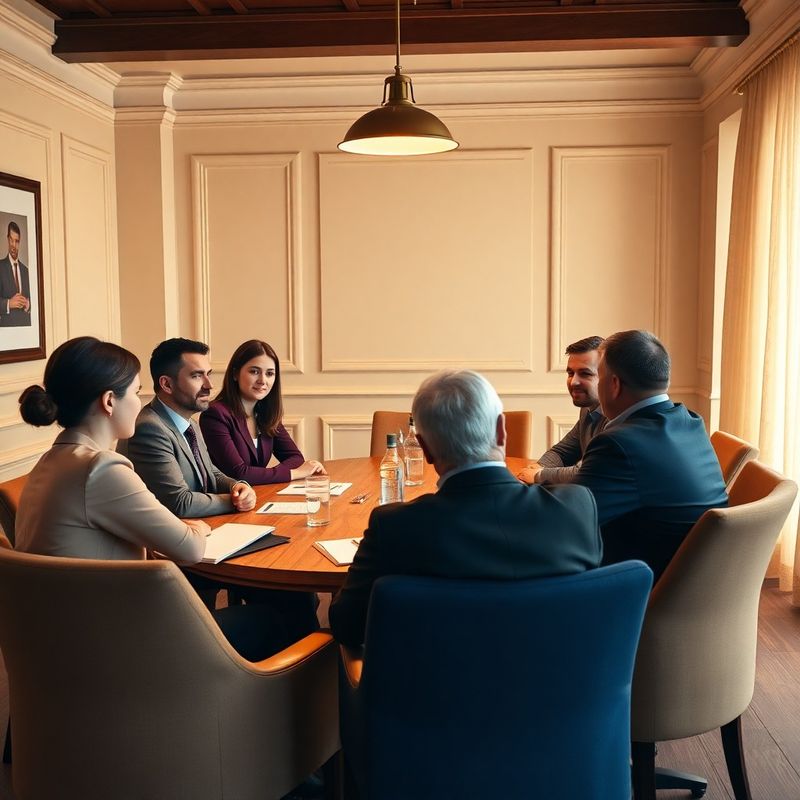 Grup mic de profesioniști într-o sală de consiliu cu decor crem și burgund